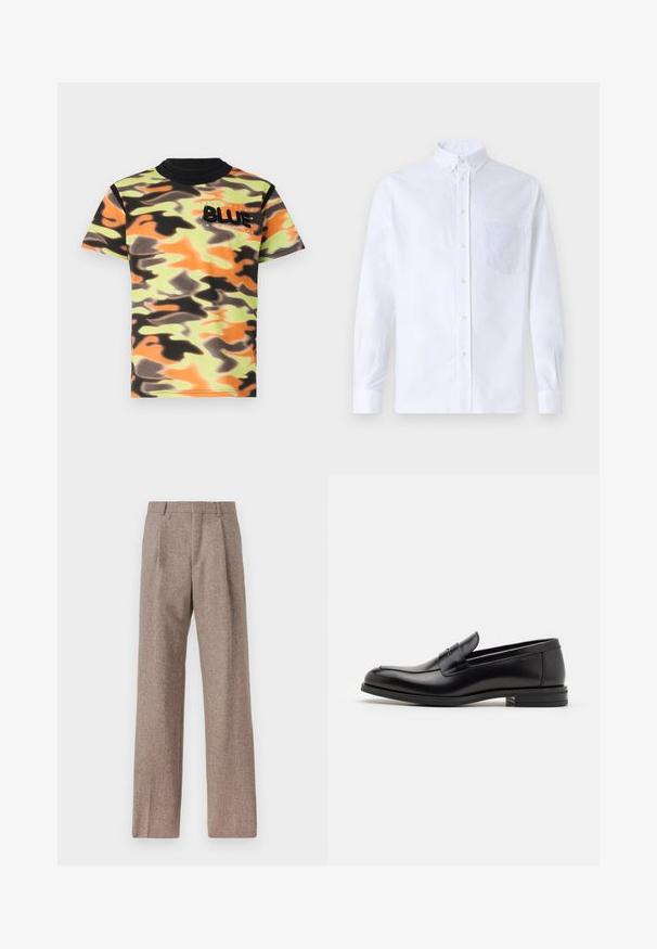 Tričko s krátkym rukávom v kamuflážnom vzore so zelenými, oranžovými a čiernymi odtieňmi. Obsahuje čierny okrúhly výstrih a vyšívaný detail "BLUE".; Biely dlhý rukáv košeľa s gombíkmi vyrobená z bavlny, s náprsného vrecka s tonálnou výšivkou, golierom a gombíkovými manžetami.; Hnedé, vysoké nohavice vyrobené z texturovanej látky. Majú široké nohavice a dva predné záhyby pre štruktúru. Úhľadné spracovanie bez viditeľného kovania.; Čierne kožené mokasíny s hladkou textúrou, zaoblenou špičkou a dekoračným pásikom cez priehlavok. Nízky vrstvený opätok, minimalistický dizajn.
