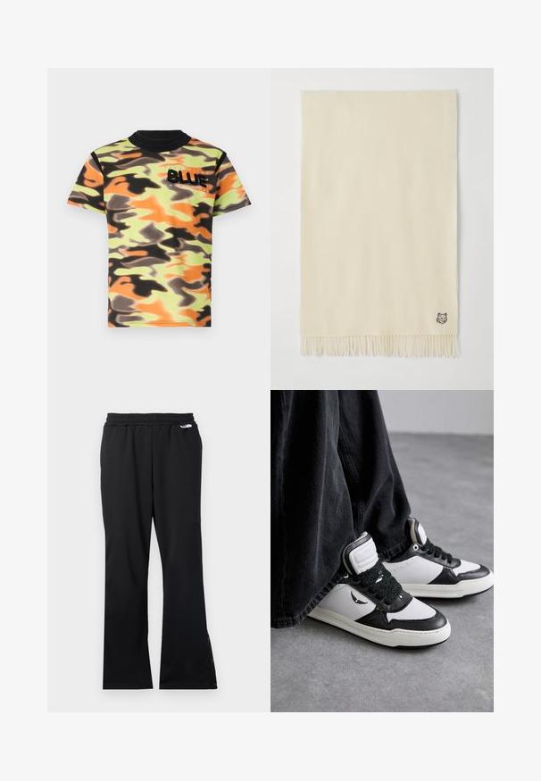 Īsām piedurknēm T-krekls ar kamuflāžas rakstu zaļās, oranžās un melnās krāsās. Iekļauta melna apaļa apkakle un izšuvums "BLUE".; Melni sporta bikses ar teksturētu audumu, elastīgu jostasvietu un pogām pie potītes, lai pielāgotu izmēru. Līdzena priekšpuse un taisnas kājas.; Melnas un baltas augstās kedas ar teksturētu melnu šņorēšanas detalizāciju, izgatavotas no ādas un sintētiskā materiāla, ar logo uz sāna.; Krēmkrāsas šalle, kas izgatavota no mīksta materiāla, ar austām frēzēm apakšā un mazu izšūtu dzīvnieka grafiku vienā stūrī.