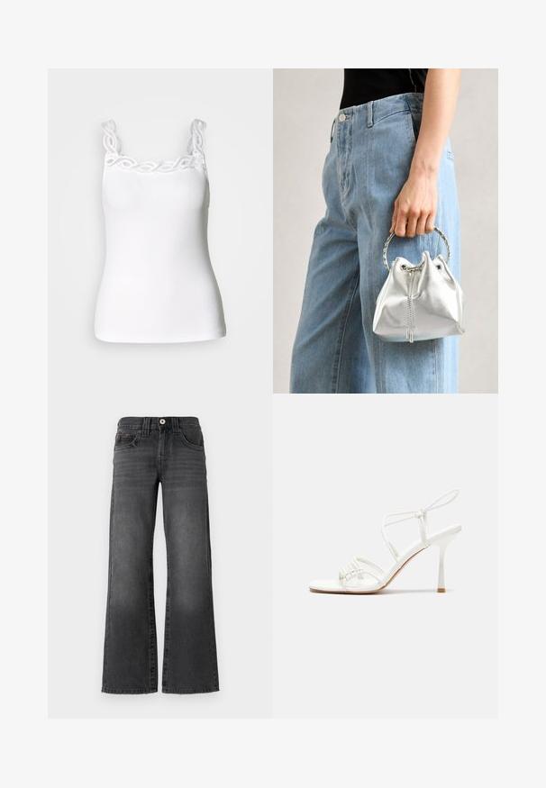 Bijela majica bez rukava s podesivim trakama, koja ima dekorativnu čipkastu obrubu oko izreza i uski, rebrasti uzorak.; Široke traperice u tamnosivoj boji denima. Imaju pet džepova, kopčanje na dugme i suptilno izblijeđenje na tkanini. Klasični šavovi kao akcenti.; Bijele sandale s visokom potpeticom i trakama, ravno oblikovanim prstima, teksturiranim prednjim dijelom s naboranim detaljima i uskom trakicom oko gležnja.; Metalna srebrna torba s teksturiranim završetkom, ukrašena srebrnim okruglim drškom i zatvaranjem na vezanje, drži se uz svijetloplave traperice.; Srebrna kružna naušnica s poliranim završetkom, koja ima male zlatne detalje i okrugli oblik, nošena na uhu.