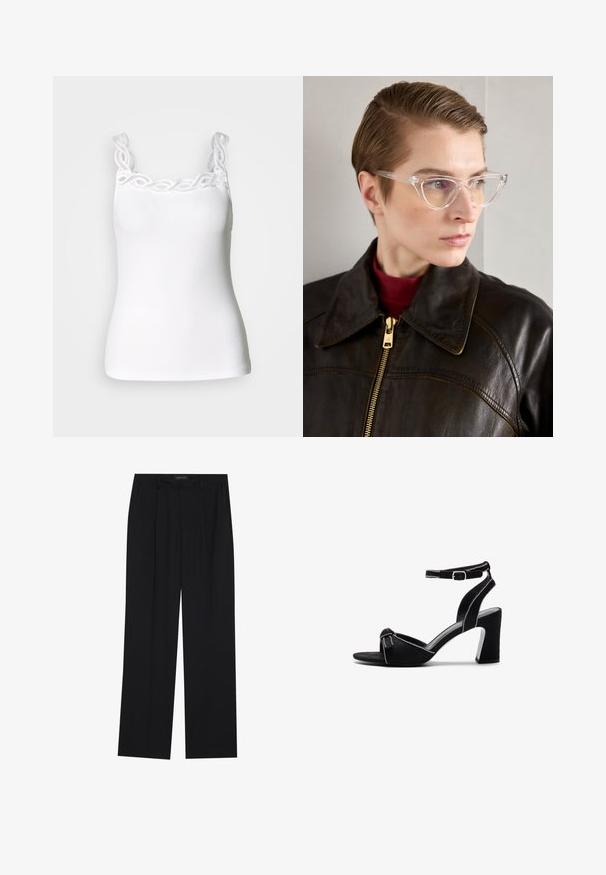 Valge tank top reguleeritavate rihmadega, koos dekoratiivse pitsäärisega kaeluse ümber ja vormiva ribistekstuuri tekstuuriga.; Mustad püksid sirgjoonelise disainiga, millel on kaks esist taskut ja muudatus. Valmistatud siledast, kergekaalulisest kangast.; Mustad nubukist kontsad mustade sandaalide avatud varvastega disain, laia ploki kontsaga ja reguleeritava pahkluu rihmaga, millel on kontrastne õmbluste detail.; Selged atsetaadist kassinägevate klaasidega prillid, millel on kollase tooniga läätsed, kantud tumeda nahkjakiga ja punase kõrge kaelusega särkidega inimese poolt. Sile tekstuur.
