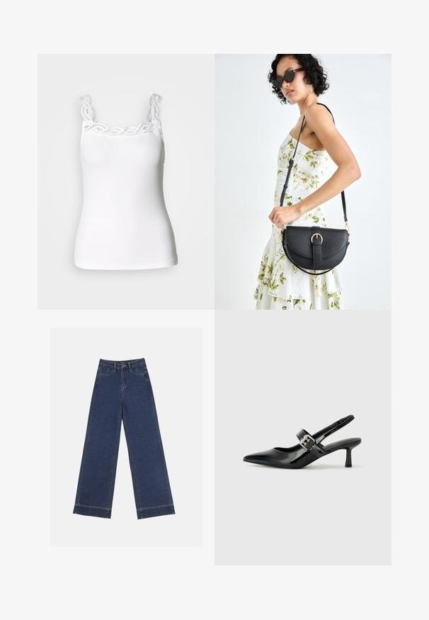 Valge tank top reguleeritavate rihmadega, koos dekoratiivse pitsäärisega kaeluse ümber ja vormiva ribistekstuuri tekstuuriga.; Laiad püksid tumedast sinisest denimist. Omab viit taskut, vöölõke ja toore äärega allosas, kus on nähtavad õmblused.; Mustad patenteeritud nahast sildiga kontsad, millel on terav nina ja väike plokk-konts, mille rihmal on hõbedane pandla aksessuaar.; Mustmust mustraha kõverate joontega, eemaldatava rihmaga ja kuldsete detailidega. Kotil on klapp, millel on pandladetail.