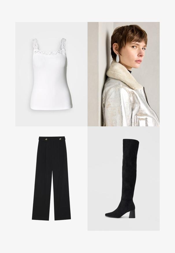 Top alb din material ușor, cu bretele ajustabile, având o margine decorativă din dantelă pe decolteu și o textură ajustată, cu dungi.; Pantaloni negri cu picioare largi, talie înaltă, detalii cu butoane pe talie și pliseuri în față.; Cizme negre din suede, cu toc bloc, vârf ascuțit și un design neted, fără cusături, pe un fundal deschis.; Jachetă din piele metalizată argintie cu guler din blană, având închidere prin fermoar și suprafață texturată. Cercei mari în formă de lacrimă cu pietre semiprețioase clare.