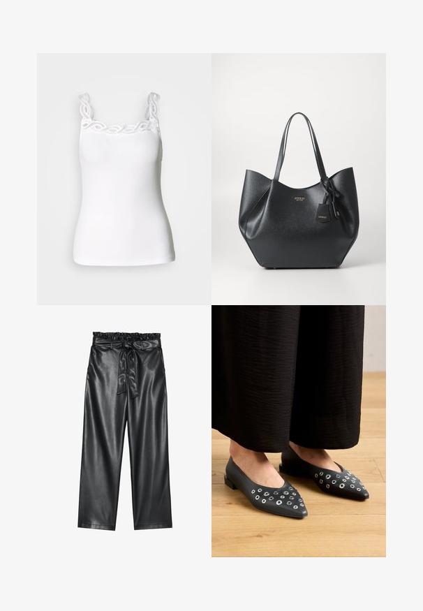 Bijela majica bez rukava s podesivim trakama, koja ima dekorativnu čipkastu obrubu oko izreza i uski, rebrasti uzorak.; Crne hlače širokih nogavica od umjetne kože s elastičnim, nabranim pojasom i odvojivim remenom. Glatka tekstura i minimalni sjaj.; Crne kožne balerinke s oštrim vrhom, sa metalnim rupicama različitih veličina i niskim kvadratnim petama. Glatka površina na drvenom podu.; Crna torba s dugim handles, izrađena od teksturiranog sintetičkog materijala s širokim siluetom, ukrašena detaljem s oznakom brenda.; Srebrna kružna naušnica s poliranim završetkom, koja ima male zlatne detalje i okrugli oblik, nošena na uhu.