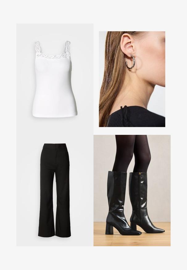 Weißes Tanktop mit verstellbaren Trägern, mit einer dekorativen Spitzenkante entlang des Ausschnitts und einer enganliegenden, gerippten Textur.; Schwarze weit geschnittene Hosen mit glatter Textur, hoher Taille und klarem Design. Keine sichtbaren Taschen oder Verzierungen.; Knöchelhöhige schwarze Lederstiefel mit glänzender Oberfläche, spitzer Zehenpartie und klobigem Absatz. Seitlicher Reißverschluss für ein einfaches An- und Ausziehen.; Silberne Creolen mit polierter Oberfläche, die kleine goldene Akzentdetails und eine runde Form aufweisen, am Ohrläppchen getragen.