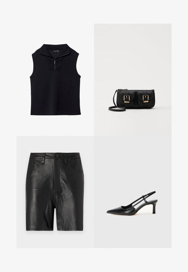 Čierny tielko bez rukávov s vysokým golierom a polovičným zipsom, vyrobený z hladkého, elastického materiálu. Obsahuje štruktúrovaný, minimalistický dizajn.; Čierne kožené šortky s hladkým povrchom, so zipsom vpredu, zapínaním na gombík a klasickým dizajnom s piatimi vreckami.; Čierne patentové slingback topánky na ihlovom podpätku s špicatou špičkou, s textúrovaným hadím vzorom, nastaviteľným popruhom a krátkym, textúrovaným blokovým podpätkom.; Čierna kožená crossbody taška s dvoma prednými vreckami, zlatými sponami, zipsovým uzatváraním a úzkym popruhom. Štruktúrovaný povrch a kompaktný obdĺžnikový tvar.
