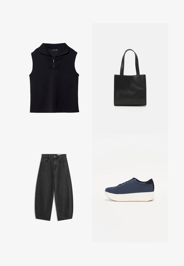 Crni bezrukavni top s visokim ovratnikom i polu-zip prednjim dijelom, izrađen od glatkog, rastezljivog materijala. Ima strukturirani, minimalistički dizajn.; Crne široke traperice s visokim strukom, prednjim džepovima, petljama za remen i zatvaranjem na dugme, prikazane ravno na bijeloj pozadini.; Tamno plavi tenisice s teksturiranim gornjim dijelom, bijelim platformom, zaobljenim vrhom i crnim naglaskom na peti. Imaju šest rupica za vezice.; Crna kožna torba u obliku tote sa dva ručka, pravokutnog oblika, glatkom teksturom i dizajnom od šivanih panela. Bez hardvera ili dodatnih ukrasa.