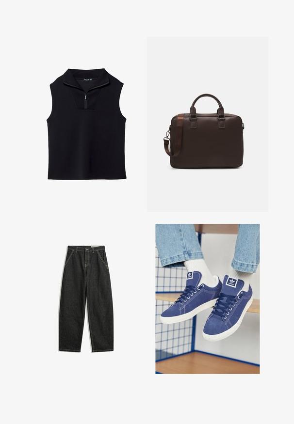 Sort ærmeløs top med høj krave og halvlange lynlås foran, lavet af et glat, strækbart materiale. Har et struktureret, minimalistisk design.; Sorte høj-taljede brede bukser lavet af denim med forlommer, knaplukning og synlig beige syning på en hvid baggrund.; Mørkeblå Adidas sneakers lavet af ruskind, med hvide gummisåler, runde tæer og et logo-patch på tungen. Lys hvide sokker er synlige.; Brun læder laptop taske med en tekstureret overflade, dobbelte top hanke, justerbar rem og to front spænder for ekstra detaljer.
