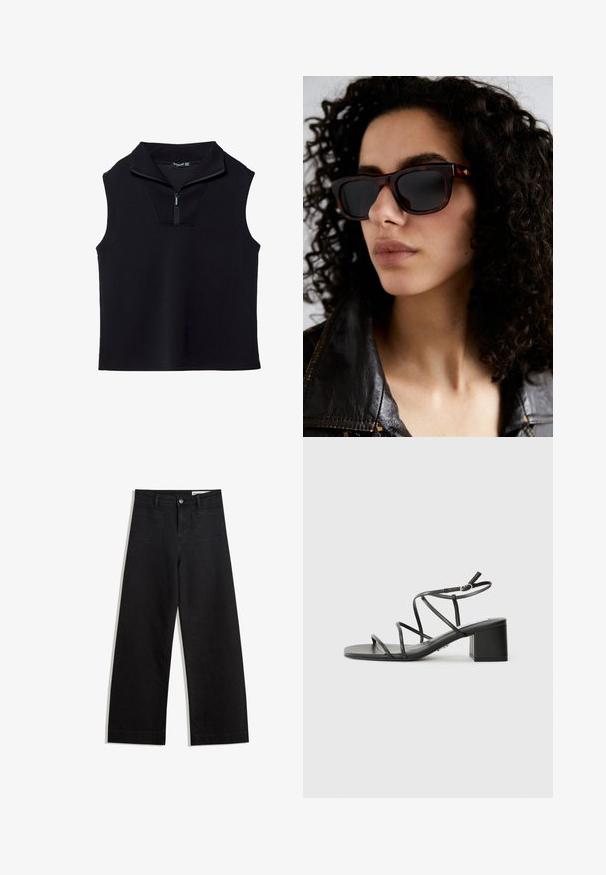 Schwarzes ärmelloses Oberteil mit hohem Kragen und halbem Reißverschluss vorne, aus einem glatten, dehnbaren Material hergestellt. Verfügt über ein strukturiertes, minimalistisches Design.; Schwarze weit geschnittene Jeans mit hoher Taille, ausgestattet mit Vorder- und Hintertaschen, gesteppten Nähten und einem Knopfverschluss. Glatte Textur.; Schwarze Riemchensandalen mit quadratischer Spitze und einem breiten Absatz, aus glattem Material gefertigt. Sie verfügen über verstellbare Knöchelriemen und minimalen Beschlag.; Schildpatt-Sonnenbrille mit dunklen Gläsern, rechteckiger Form, mit goldenen Akzenten an den Bügeln. Getragen mit einer schwarzen Lederjacke.