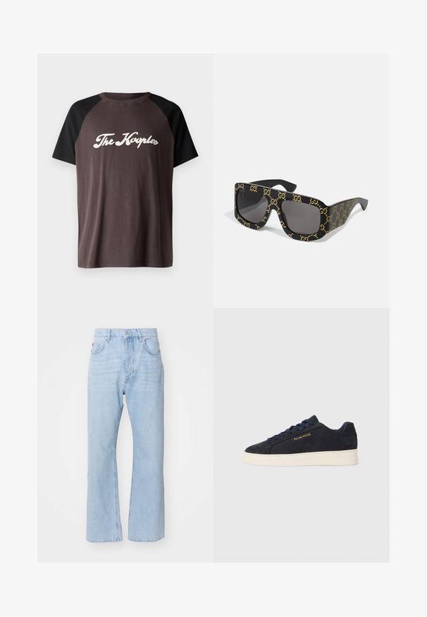 Camiseta raglán en tonos marrón y negro con cuello redondo, que presenta el texto "The Kayples" en blanca cursiva en el pecho. Textura suave.; Vaqueros de denim en un azul claro con un ajuste holgado, diseño de pierna recta, estilo clásico de cinco bolsillos y cierre de botón metálico.; Zapatilla baja de ante azul marino con suela blanca, cordones azul marino y logo de "Filling Pieces" en dorado en el lateral.; Gafas de sol negras con montura cuadrada de gran tamaño que presenta un patrón repetido del logo dorado "GG". Lentes grises con una textura suave.