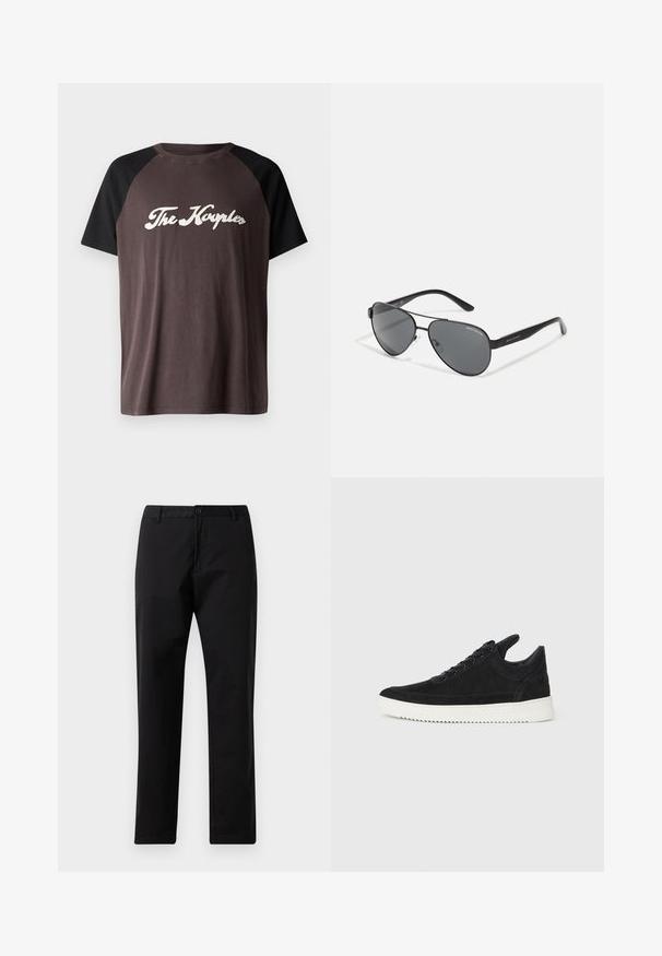 Brūns un melns raglana t-krekls ar apaļu izmēru apkakli, uz kura krūtīm ir balta slīpā rakstība "The Kayples". Mīksta tekstūra.; Melni taisni bikses ar pogu un rāvējslēdzēja aizdari, jostas cilpām un priekšējiem kabatām, izliktas uz baltas fona.; Melna zamša apavi ar baltu gumijas zoli, ar tonālu izšuvumu un auklu dizainu. Gluda tekstūra ar mūsdienīgu, plūstošu formu.; Melni aviator stila saulesbrilles ar tumšiem stikliem, plānu metāla rāmi un slaidām plastmasas kājām, kas rotātas ar logo akcentiem.