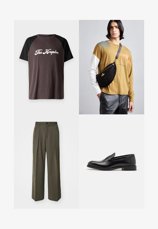 Brown and black raglan t-shirt with a crew neckline, featuring the text "The Kayples" in white cursive across the chest. Soft texture.; Filippa K WIDE TROUSERS - Trousers - driftwood; Black leather loafers with a smooth texture, rounded toe, and a decorative strap across the vamp. Low stacked heel, minimalist design.; Vivienne Westwood CITY BUMBAG UNISEX - Bum bag - black