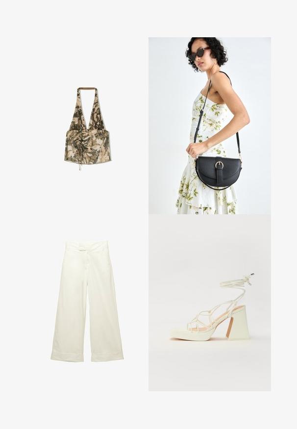 Šarena halter majica s cvjetnim uzorkom, izrađena od laganog materijala, s naboranim prednjim dijelom i podesivim vezicama za savršeno pristajanje.; Široke hlače od meke, kremaste tkanine. Imaju ravni pojas s prednje strane i roll-up rubove. Glatka tekstura s čistim, minimalističkim dizajnom.; Bijela sandala na visokoj potpetici s debelim petom, s remenom i vezanjem oko gležnja. Glatka tekstura s platformom sprijeda za dodatnu visinu.; Crna kožna torba s lukovitim oblikom, odvojivim remenom i zlatnim detaljima. Torba ima preklop s kopčom.