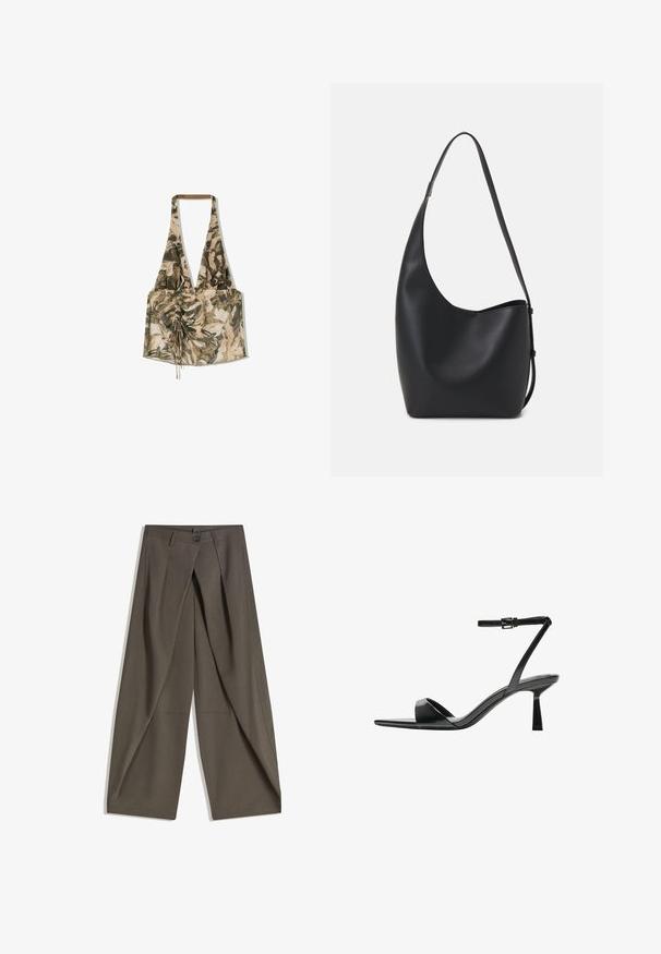 Vícebarevný halter top s květinovým vzorem, vyrobený z lehké tkaniny, s nařaseným předním dílem a nastavovacími šňůrkami pro přizpůsobení.; Kalhoty s širokými nohavicemi vyrobené z texturované tkaniny tmavě šedé barvy. Obsahují přední záhyb, zapínání na knoflík a boční kapsy pro praktičnost.; Bershka Sandály na vysokém podpatku - black; Černá kožená hobo taška s hladkým povrchem, zakřiveným tvarem a jedním nastavitelným popruhem; má široké otevírání nahoře.