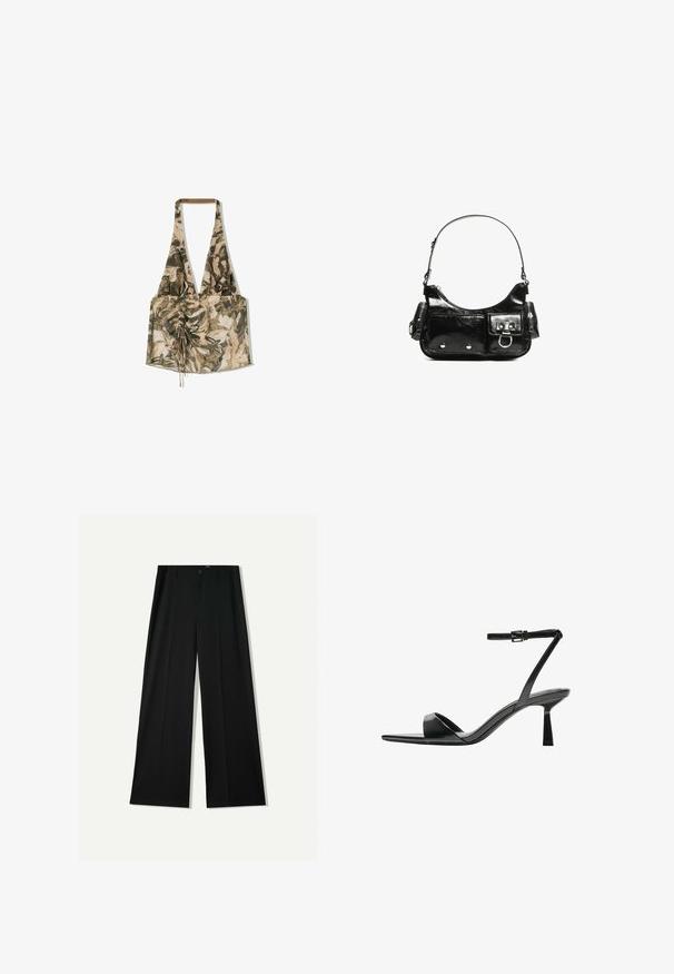 Multi-colored halter top featuring a floral pattern, made from lightweight fabric, with a cinched front and adjustable ties for fit.; Bershka WIDE - Trousers - black; Bershka High heeled sandals - black; Black patent leather handbag with a curved shape, one shoulder strap, front pockets, and silver-tone hardware accents.