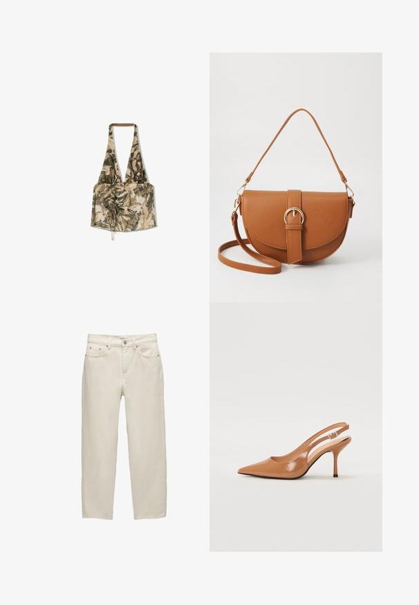 Večbarvna halter majica z cvetličnim vzorcem, narejena iz lahkotnega blaga, s cinčenim sprednjim delom in nastavljivimi vezalkami za prilagoditev.; Beli traper hlače z sproščenim krojem, ravnimi nogami, petimi žepi in kovinskimi detajli z subtilno teksturo.; Slinčaste pete z ostro konico v gladkem, sijočem bež materialu. Imajo ukrivljen rez in vitko stiletto peto. Podrobnost s srebrno zaponko.; Rjava usnjena torbica prek telesa s ukrivljeno obliko, zlate opreme in sponko. Ima odstranljiv naramni trak.