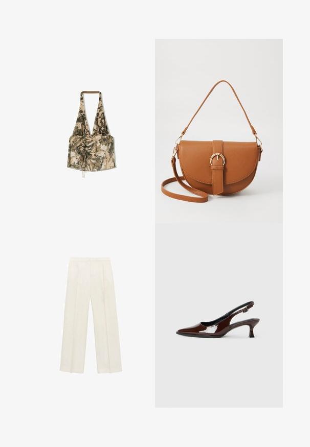 Monivärinen halterneck-top, jossa on kukkakuosiset yksityiskohdat, valmistettu kevyestä kankaasta. Topissa on ryppy etuosa ja säädettävät nauhat sopivuutta varten.; Valkoiset leveälahkeiset housut vaaleassa kermassa. Valmistettu sileästä kankaasta, jossa on laskokset edessä ja sivutaskut.; Ruske patentin nahkalijatke sa špicastim nosom i umjerenom petom. Sadrže remen s kopčom za sigurno pristajanje. Glatka tekstura.; Ruskean nahkainen olkalaukku, jossa on kaareva muoto, kultaiset yksityiskohdat ja solkiyksityiskohta. Varustettu irrotettavalla olkahihnalla.