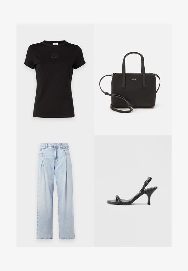 Black cotton t-shirt with short sleeves, crew neck, and embroidered "CK" logo on the front. Smooth texture and standard fit.; Light blue denim jeans with a high waist, wide-leg cut, two side pockets, and pleated design feature. Soft texture with a faded finish.; Black leather high-heeled sandals with a slim, curved heel and a crossed strap design. Adjustable ankle strap. Smooth texture.; Black handbag with dual short handles and a removable shoulder strap. Smooth leather-like material with a zip closure and logo detail.
