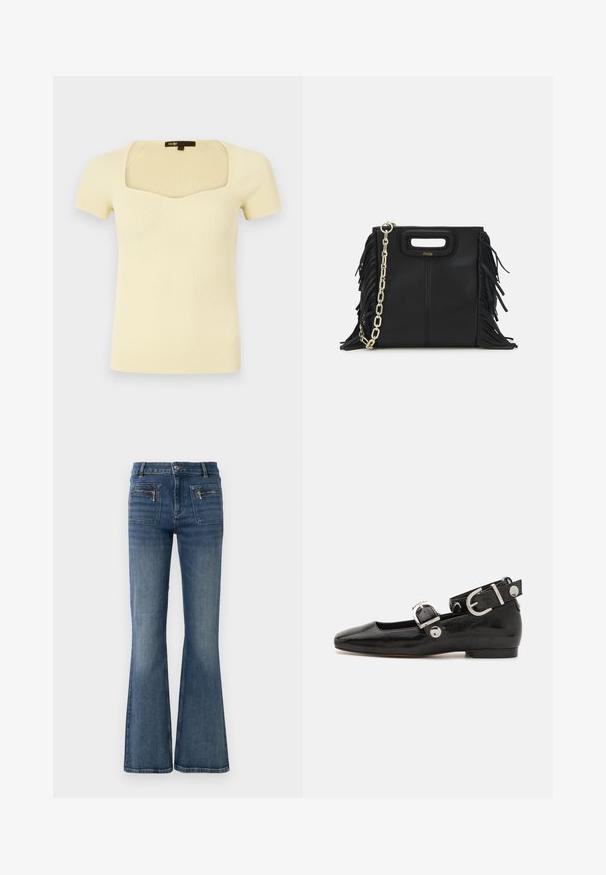 Maje MOKA - Camiseta básica - jaune; Jeans de denim azul acampanados con una cintura de altura media, que cuentan con bolsillos delanteros y traseros y un sutil lavado desvanecido.; Zapato plano de charol negro con punta cuadrada, correa de tobillo con herrajes de plata y suela plana. Textura suave con diseño minimalista.; Bolso de mano de cuero negro con detalles de flecos, correa de cadena dorada para el hombro y un asa con corte. Presenta una colocación del logotipo en la parte frontal.