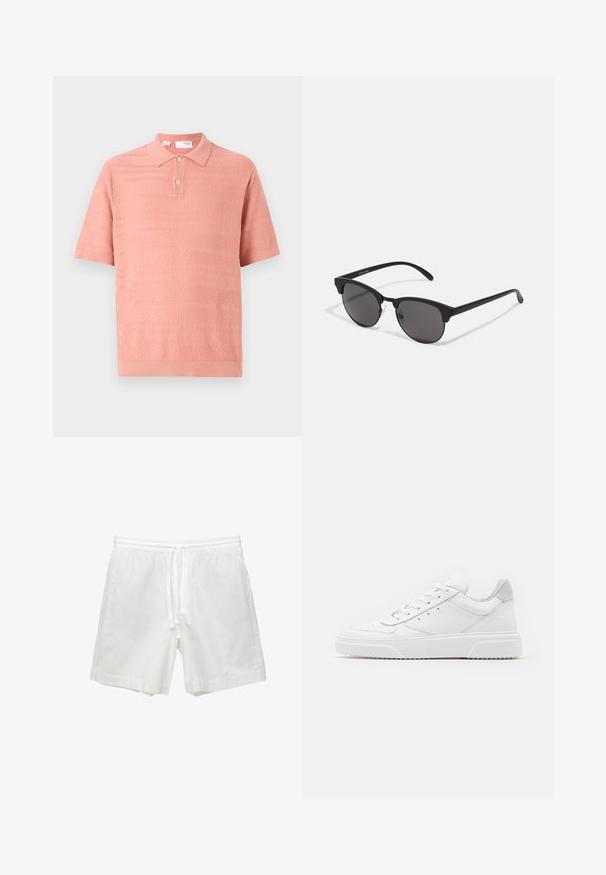 Rövid ujjú póló világos rózsaszínben, textúrázott mintával és két gombos gallérral. Puha, légáteresztő kötött anyagból készült.; Fehér pamut rövidnadrág, rugalmas derékkal és zsinórral, oldalsó zsebekkel és egyenes szabással, befejezett szegéllyel.; Fehér bőr sportcipő sima felülettel, kerek orral, lapos fűzőkkel és textúrált talppal. Szürke velúr díszítés a saroknál.; Fekete napszemüveg kerek lencsékkel, matt felülettel és jellegzetes macska szem formával. Vékony szárak, a bal oldali templomon diszkrét márkajelzéssel.