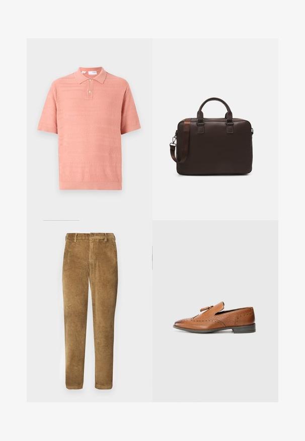 Polo s krátkym rukávom v svetloružovej farbe s textúrovanými vzormi a golierom na dva gombíky. Vyrobené z mäkkého, priedušného pleteného materiálu.; Hnedé kordové nohavice s vertikálnou ryhovanou textúrou, rovného strihu, s gombíkovým zapínaním a pútkami na opasok. Hladká tkanina s jemným povrchom.; Hnedá kožená topánka s perforovanými detailmi, textúrovanými bočnými stranami, plochou podrážkou a dekoračnou mašľou na hornej časti. Klasický dizajn s hladkým povrchom.; Hnedá kožená taška na laptop s textúrovaným povrchom, dvojitými hornými uchami, nastaviteľným popruhom a dvoma prednými prackami pre pridaný detail.