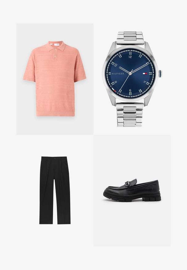 Rövid ujjú póló világos rózsaszínben, textúrázott mintával és két gombos gallérral. Puha, légáteresztő kötött anyagból készült.; Fekete nadrág egyenes szárú kialakítással, sima anyagból készült. Elöl redők és egy gombos záródás található a derékon.; Fekete bőr mokaszín, lekerekített orral, díszes pánttal és fém kiegészítővel, valamint vastag, texturált talppal. Simább felület, finom részletezéssel.; Ezüst színű fém óra kék, kefélt számlappal, fehér órijjelezőkkel és dátumkijelzővel. Fém, láncolt szíj és márkalogó jellemzi.