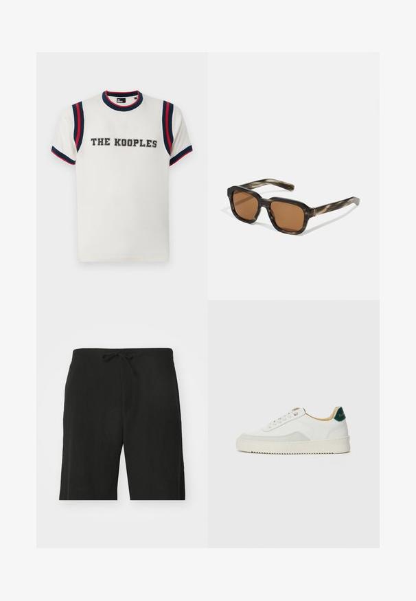 White t-shirt with a round neck, featuring blue and red striped accents on sleeves, and "THE KOOPLES" embroidered in bold across the front.; Black linen shorts with a drawstring waist, featuring a relaxed fit and knee-length design. Smooth texture, simple and classic style.; White sneaker with suede accents, rounded toe, flat laces, and a cream rubber sole. Features green branding on the heel.; Plastic sunglasses with a tortoiseshell pattern, octagonal brown lenses, and thin gold hardware accents on the frame.