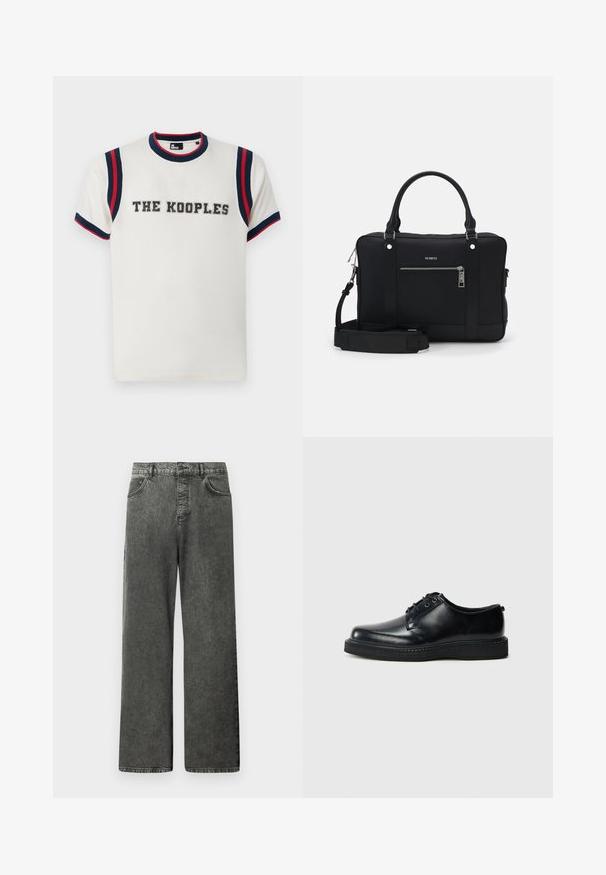 White t-shirt with a round neck, featuring blue and red striped accents on sleeves, and "THE KOOPLES" embroidered in bold across the front.; Black wide-leg denim jeans with front and back pockets, belt loops, and a button closure at the waist.; Black leather lace-up shoes with a rounded toe, smooth finish, and textured black rubber sole. Minimalistic design with no visible patterns.; Black synthetic tote bag with two handles, a detachable shoulder strap, front zippered pocket, and silver hardware accents.