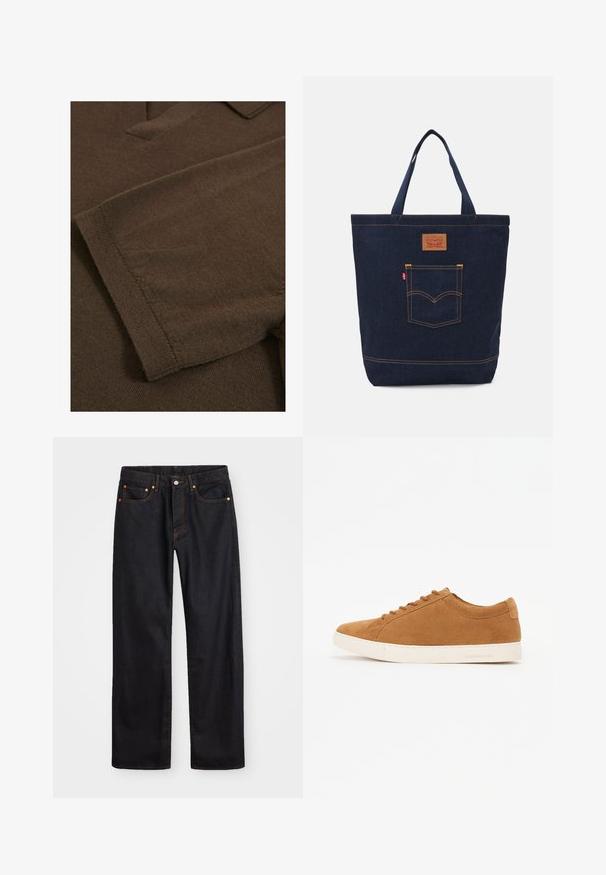 Pruun kudumaterjal, millel on pehme tekstuur, krae ja lühikesed varrukad, millel on lihtne disain ilma mustrite ja kaunistusteta.; Meeste sirge jala mustad denim teksad viie taskuga, oranž õmblus, nupu ja tõmblukuga ees nagu vöökoht.; Pruunist nahast spordijalatsid madala ülemise disainiga, valge kummitald ja ümar varvas. Omab sobivaid sidekesi ja minimaalset brändi logo kontsapooles.; Tume sinine teksakott kahe käepidemega, nähtavate õmblustega ning esiküljel klassikalise logo plaastriga tasku.