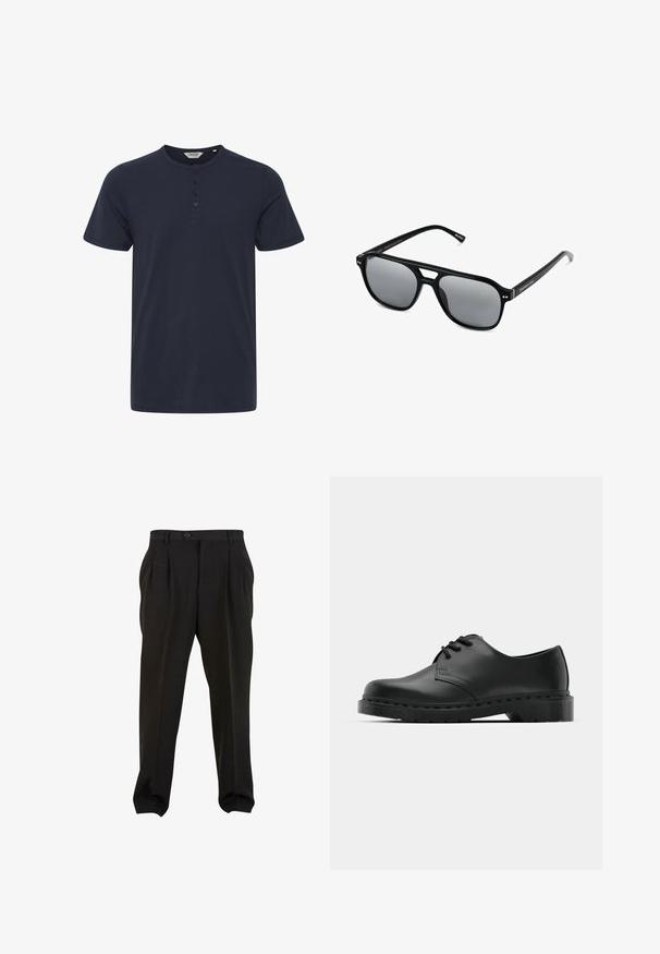 Námořnická modrá tričko s krátkým rukávem vyrobené z bavlny, s kulatým výstřihem a zapínáním na tři knoflíky. Hladká textura bez vzorů.; Černé kalhoty z hladké tkaniny, se zapínáním na tlačítko v pase, předními sklady a zúženými manžetami u kotníků. Klasický elegantní střih.; Černé kožené oxfordy s šněrováním, zakulacenou špičkou, plochou gumovou podrážkou a jemným prošíváním podél svršku.; Černé sluneční brýle s obdélníkovými rámy, šedými tónovanými skly a designem s výřezem ve střední části. Hladký, lesklý plastový materiál, s úzkými stranami.