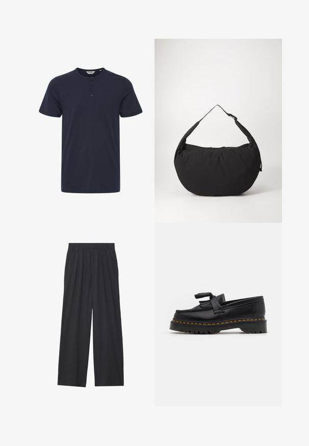Granatowa koszulka z krótkim rękawem wykonana z bawełny, z okrągłym dekoltem i zapięciem na trzy guziki. Gładka tekstura bez wzorów.; Szerokie spodnie wykonane z ciemnoszarego materiału. Posiadają pliski w talii, dopasowany krój oraz prostą sylwetkę.; Czarny skórzany mokasyn z frędzelkowymi akcentami, z masywną czarną podeszwą i żółtym przeszyciem wzdłuż krawędzi. Teksturowane wykończenie.; Czarna torebka na ramię o zaokrąglonym kształcie, z pojedynczym paskiem i zamknięciem na zamek. Miękka faktura, minimalistyczny design.