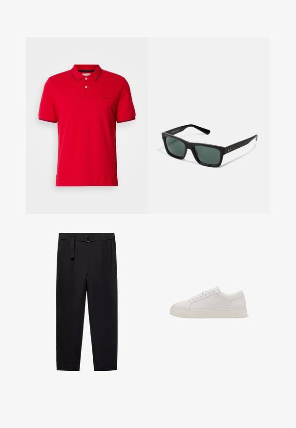 Röd pikétröja i bomull med klassisk krage, tvåknapplås och marinblå randiga detaljer på ärmar och krage. GANT-logotypen är närvarande.; Svarta byxor med rak passform, bältesöglor och ett avtagbart bälte. Slät tyg med sidofickor och inga synliga mönster eller detaljer.; Vita lädersneakers med rund tå, platt sula och sex snörhål. Har en slät yta och minimalistisk design. Inga synliga mönster eller detaljer.; Svarta rektangulära solglasögon med gröna linser, i en matt yta, raka skalmar och Ray-Ban-logotypen på sidan.
