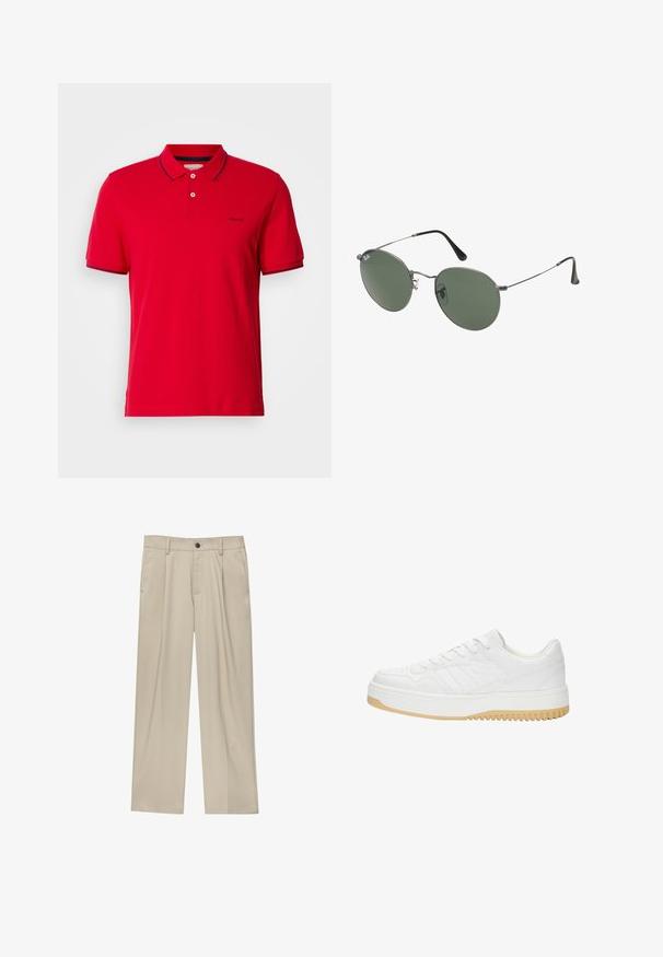 Polo shirt rossa in cotone, con collare classico, chiusura a due bottoni e dettagli a righe blu sulle maniche e sul colletto. Logo GANT presente.; Pantaloni beige a taglio dritto, con un solo bottone nero, passanti per la cintura e tasche laterali. Tessuto dalla texture liscia e design minimale.; Sneaker bianco in pelle con finitura testurizzata, dotata di suola in gomma, design con lacci e sottili accenti a strisce sui lati.; Occhiali da sole con montatura in metallo e lenti verdi ovali. Montatura sottile in metallo argento e terminali neri. Design minimalista, senza loghi visibili.