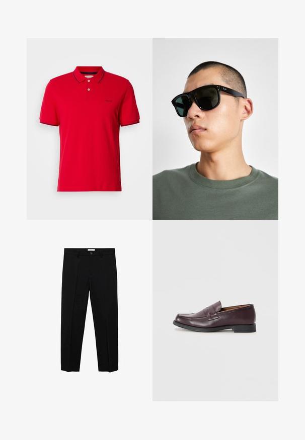Rotes Polo-Shirt aus Baumwolle mit klassischem Kragen, einer Zwei-Knopf-Leiste und navyblauen gestreiften Akzenten an Ärmeln und Kragen. GANT-Logo vorhanden.; Schwarze, maßgeschneiderte Hosen mit geradem Schnitt, ausgestattet mit einem einzelnen Knopfverschluss, Gürtelschlaufen und vorderen Falten. Hergestellt aus einem glatten Stoff.; Burgunderfarbene Lederloafers mit abgerundetem Zehenbereich, dezenten Nähten und einer niedrigen schwarzen Sohle. Klassisches Design mit minimalem Schmuck.; Schwarze rechteckige Sonnenbrille mit dunklen Gläsern, die eine markante Form und eine Markierung am Bügel aufweist. Getragen von einer Person in einem grünen Hemd.