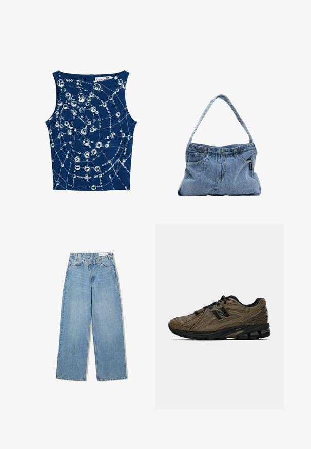 Navy blue sleeveless top with a pattern of white circular and linear graphics resembling bubbles interconnected by fine lines.; Light blue wide-leg jeans made of denim, featuring a high waist, five pockets, button closure, and subtle fading for texture.; Brown running shoe with textured mesh upper, black accents, and cushioned sole. Features a lacing system and streamlined design.; Denim shoulder bag with a curved strap, two front pockets, and a buttoned top, featuring light blue fabric and contrasting stitching details.