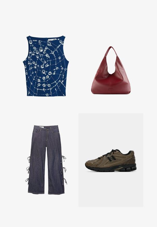 Námornícky modrý top bez rukávov s vzorom bielych kruhových a lineárnych grafík pripomínajúcich bubliny prepojené jemnými čiarami.; Džínsy s širokými nohavicami vo tmavomodrej farbe so bočnými viazaniami a zapínaním na gombík. Obsahujú predné vrecká a uvoľnený strih.; Hnedá bežecká obuv s textúrovaným sieťovaným zvrškom, čiernymi akcentmi a polstrovanou podrážkou. Obsahuje systém šnurovania a štíhly dizajn.; Červená kožená hobo taška so širokým a uvoľneným dizajnom a veľkým otvorom, s jemnou textúrou a logom embosovaným na prednej strane.