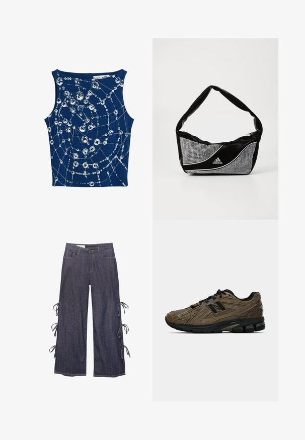 Námořnická modrá bezrukávová halenka se vzorem bílých kruhových a liniových grafik připomínajících bubliny, které jsou propojeny jemnými čarami.; Džínové kalhoty s širokými nohavicemi v tmavě modré barvě s bočními šněrovacími mašlemi a zapínáním na knoflík. Obsahují přední kapsy a uvolněný střih.; Hnědá běžecká bota s texturovaným síťovaným svrškem, černými akcenty a polstrovanou podešví. Obsahuje systém šněrování a elegantní design.; Černá a stříbrná taška adidas s hladkou texturou, vyznačující se lesklým hrotným vzorem a charakteristickým zakřiveným designem.