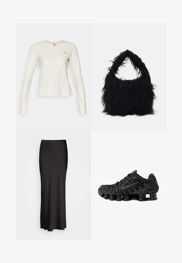 Langarm-Oberteil in Cremefarbe mit halbem Reißverschluss. Hat eine gerippte Textur, einen rosa Reißverschluss und eine grüne Akzentnaht an der Seite. Rundhalsausschnitt.; Schwarzer, bodenlanger Satinrock mit glatter Textur, tailliertem Bund und A-Linien-Silhouette, ohne sichtbare Verzierungen oder Muster.; Schwarzer Sportschuh mit Mesh-Obermaterial und glänzenden Überzügen. Verfügt über eine geschwungene Spiraldämpfung und strukturierte Linien an der Seite. Nike-Logo sichtbar.; Even&Odd Shopping Bag - black