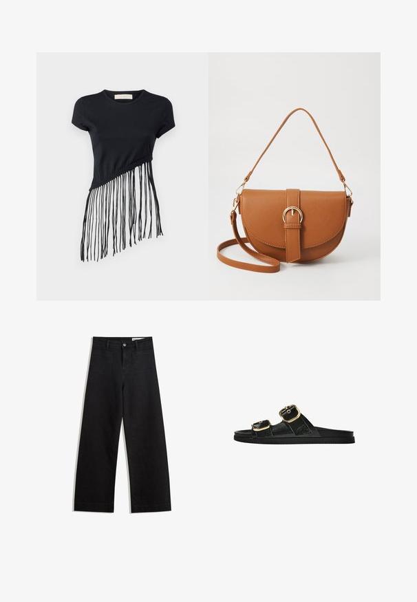 Svart t-shirt med korta ärmar och en asymmetrisk design, med långa fransar längs nederkanten och flätade detaljer vid midjan.; Svarta vida denimbyxor med hög midja, med fram- och bakfickor, sydda sömmar och knappstängning. Slät textur.; Svart glidsandal med två guldfärgad spännen, slät textur av material, platt sula och en minimalistisk design.; Brun läder crossbody-väska med en böjd form, gyllene detaljer och en spänneaccent. Har en avtagbar axelrem.