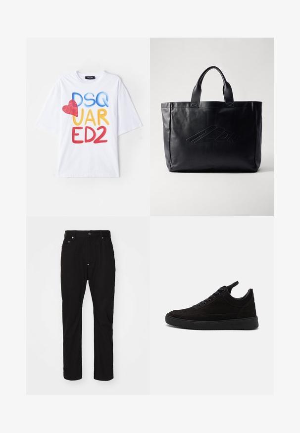Hvid T-shirt med et farverigt grafisk design og teksten "DSQ UAR ED2," et rødt hjerteaccent, korte ærmer og rund hals.; Sorte bomuldsbukser med lige pasform, knaplukning, fem-lomme design og subtil tekstur. Ingen synlige dekorationer eller mønstre.; Sorte ruskinds sneakers med rund tå, snørebånd foran, polstret krave og struktureret gummisål for godt greb. Minimalistisk design og glat finish.; Sort læder tote taske med doble top håndtag, prægede logo detaljer på forsiden, rektangulær form og glat tekstur.