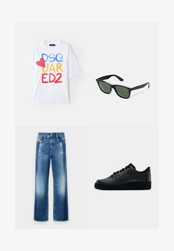 Witte T-shirt met een kleurrafische afbeelding met de tekst "DSQ UAR ED2," een accent van een rode hart, korte mouwen en een ronde halsontwerp.; Brede denim jeans in medium blauw, met een knoopsluiting, voorzakken en lichte vervaging. Schone zoom met een rechte snit.; Zwarte Nike Air Force 1 sneaker met een gladde leren bovenkant, geperforeerde neus voor ademend vermogen, zwarte veters en een getextureerde rubberen zool.; Zwarte plastic zonnebril met groene lenzen, vierkante montuur, zilveren accent op de wenkbrauw en een gestructureerde tempel. Merken vermeld op de binnenkant van de arm.