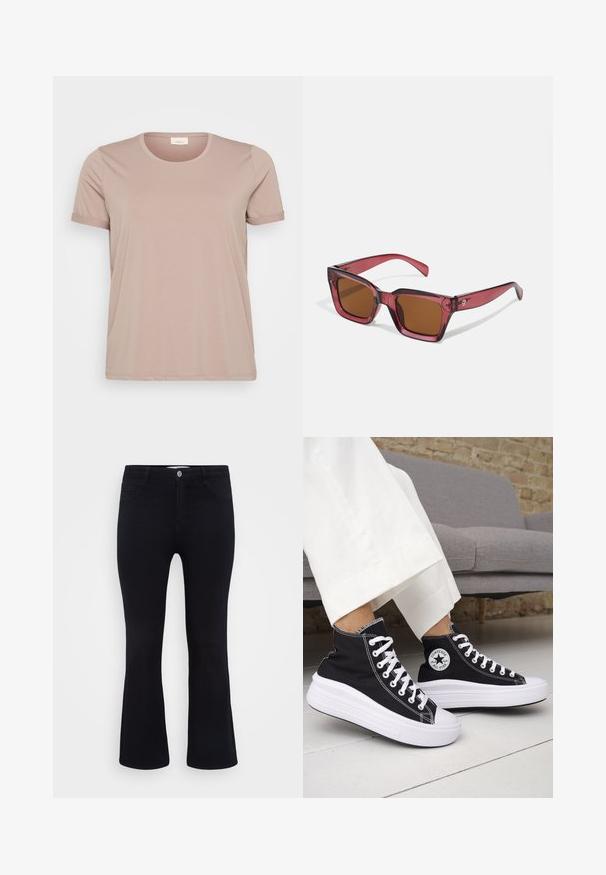 Svetlo roza kratkotrajna majica s kratkimi rokavi in okroglim izrezom ter zavitimi rokavi, izdelana iz gladkega in mehkega materiala. Brez vidnih vzorcev ali dodatkov.; ONLY Carmakoma CARTHUNDER PUSH UP - Kavbojke na trapez - black denim; Črni visoki supergi z belimi gumijastimi podplati in vezalkami. Na njih je okrogel logotip in kontrastno belo šivanje. Iz blaga platna.; Rdeča kvadratna sončna očala z rjavimi lečami. Narejena iz prosojnega plastike. Imajo izrazit angulären dizajn in diskretno blagovno znamko na oporniku.