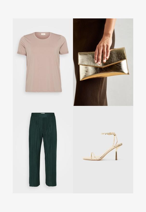 Svetloružové tričko s krátkymi rukávmi a okrúhlym výstrihom, s rolenými rukávmi, vyrobené z hladkej, mäkkej látky. Žiadne viditeľné vzory ani akcenty.; Tmavozelené plisované nohavice so širokými nohavicami a elastickým pásom, vystavené na jednoduchom bielom pozadí.; Zlaté metalické sandály na vysokom opätku s hranatou špičkou, tenkým remienkom okolo členka a elegantným, minimalistickým designom s lesklým povrchom.; Zlatá metalická kabelka cez plece s hladkým povrchom, ktorá má trojuholníkové uzavretie. Ruka ju drží a má starostlivo upravené nechty.