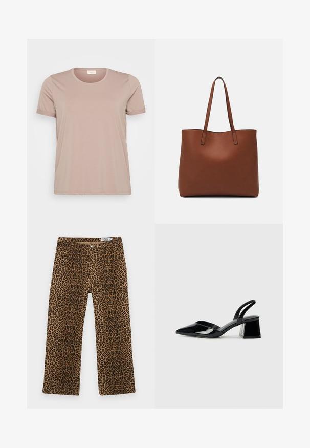 Svetlo roza kratkotrajna majica s kratkimi rokavi in okroglim izrezom ter zavitimi rokavi, izdelana iz gladkega in mehkega materiala. Brez vidnih vzorcev ali dodatkov.; Hlače z leopardskim potiskom, ki imajo rjav in črn vzorčasto, ravno obliko in klasično pet-pocket zasnovo. Narejene iz bombažne mešanice.; Črne lakirane slingback pete s koničastim nosom in geometrijsko blokasto peto. Imajo eleganten, minimalističen dizajn in gladko teksturo.; Rjava usnjena torba z gladko teksturo, odprto zasnovo zgoraj in dvema naramnima trakovoma. Opremljena je z minimalnim šivanjem in brez vidnih kovinskih delov.