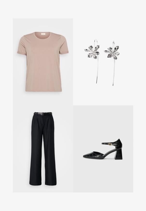 T-shirt de mangas curtas em rosa claro, com decote arredondado e mangas dobradas, feito de um tecido liso e suave. Sem padrões ou detalhes visíveis.; Calças largas pretas feitas de um tecido suave, com pregas frontais e um cinto preto a condizer com uma fivela prateada.; Sapato de salto alto em couro envernizado preto com bico apontado, tira no tornozelo e padrão texturizado de crocodilo. Design de salto quadrado.; Brincos em forma de flor prateados com um acabamento texturizado, apresentando ganchos longos e detalhes semelhantes a pétalas para um design intrincado.