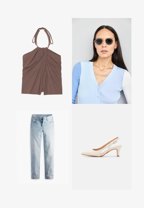 Brun stofftopp med samlet drapering og et unikt halterneck-design. Har en jevn tekstur og en elegant silhuett.; Lyseblå denimjeans med rett ben, to frontlommer og to baklommer. Inkluderer to-knapps glidelås og subtil søm.; Hvit slingback-hel med spiss tå, glatt overmateriale, lav blokkhelt, og cut-out-design på siden med justerbar spenne.; Runde solbriller med mørke linser og guldrammer. Modellen har en lyseblå, ribbet cardigan med knapper og kontrast hvide ærmer på.; Michael Kors håndleddsveske i beige belagt kanvas med et gjentakende MK-logo mønster, gullfarget maskinvare og en avtakbar kjede-rem.