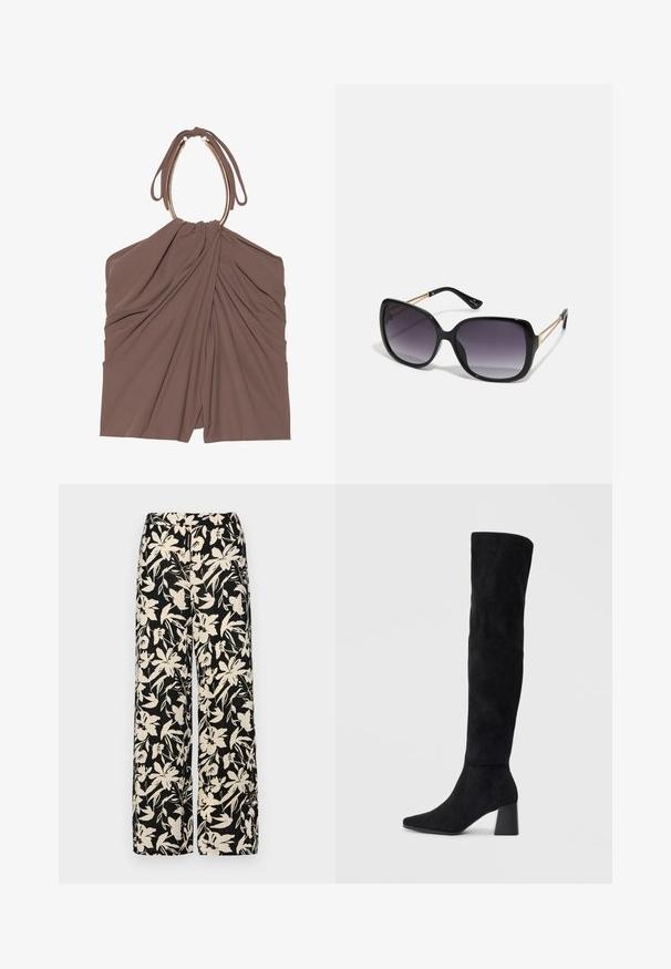Rjav bluzon s pripetim draperijo in edinstvenim halter vratnim oblikovanjem. Ponuja gladko teksturo in eleganten silhuet.; Črne široke hlače z kremnim cvetličnim vzorcem. Narejene so iz lahkega blaga, ki ima gladko teksturo in visok pas.; Črne semiš škornje do kolen z blok peto, s koničastim nosom in gladkim, brezšivnim dizajnom na enostavni svetli podlagi.; Črne prevelike sončne očala z degradacijskimi lečami, debelimi okvirji in zlatimi verižicami na ročajih.