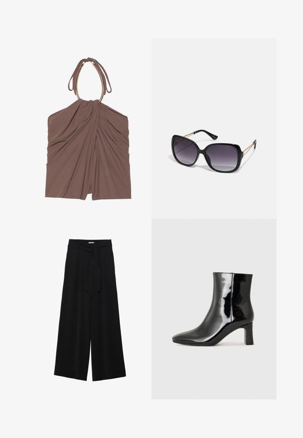 Brown fabric top with gathered draping and a unique halter neck design. Features a smooth texture and an elegant silhouette.; Black wide-leg pants featuring a textured fabric, an elastic waistband, and a detachable sash tie at the waist for adjustable fit.; Black patent leather ankle boot with a pointed toe and a mid-height block heel. Smooth texture and minimalist design.; Black oversized sunglasses with gradient lenses, thick frames, and gold-tone chain detailing on the temple arms.; Black handbag with structured shape, smooth texture, and a metallic clasp. Paired with wide black pants and open-toe sandals on wooden floor.