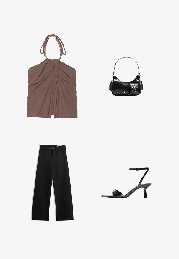 Brown fabric top with gathered draping and a unique halter neck design. Features a smooth texture and an elegant silhouette.; Black wide-leg denim pants with a high waist, featuring front and back pockets, stitched seams, and a button closure. Smooth texture.; Bershka High heeled sandals - black; Black patent leather handbag with a curved shape, one shoulder strap, front pockets, and silver-tone hardware accents.