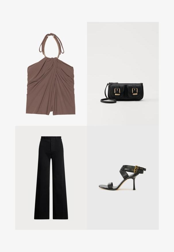 Brown fabric top with gathered draping and a unique halter neck design. Features a smooth texture and an elegant silhouette.; Black wide-leg pants made of woven fabric, featuring a high waist, front button closure, and side pockets. Smooth texture with clean lines.; Black heeled sandal with crossed straps and adjustable buckle. Features a smooth texture and tapered stiletto heel.; Black leather crossbody bag with two front pockets, gold buckles, zipper closure, and a slim strap. Textured surface and compact rectangular shape.