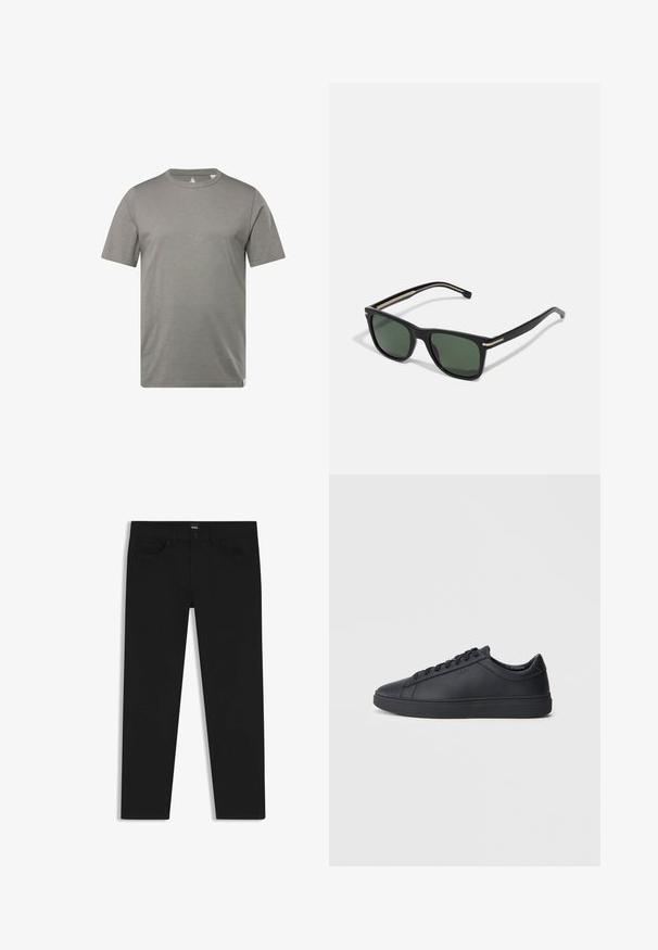 T-shirt grigio a maniche corte realizzato in un tessuto morbido e traspirante. Presenta un collo rotondo e un'etichetta nell'angolo in basso a sinistra.; Pantaloni in denim nero con taglio dritto, dotati di vita standard, cinque tasche e chiusura con bottone. Texture liscia su tutta la superficie.; Sneakers neri realizzati in pelle liscia, con design a bassa cima, punta rotonda e suola piatta in gomma. Presentano lacci e un branding discreto.; BOSS Occhiali da sole - black